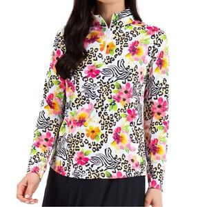 IBKUL Flower Zebra Leopard Print Long Sleeve Quarter Zip Top Size XXL